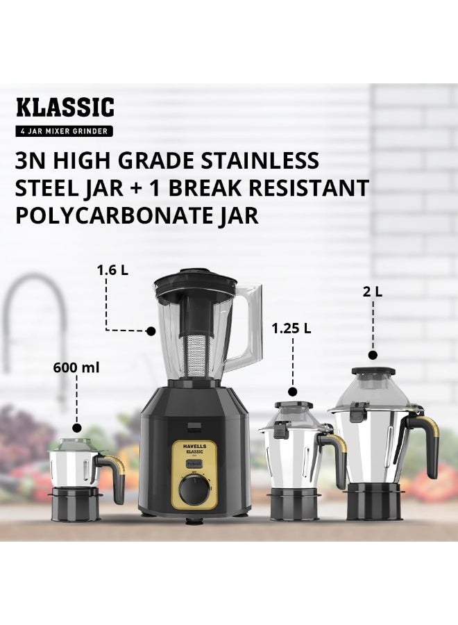 Havells Klassic 1000 Watts 4 Jar Mixer Grinder| High Speed Mixie 22000 RPM motor| 100 Minutes Continuous Run Time|2 Ltr Break Resistant Blending Jar| 5 Year Motor Manufacturer Warranty (Grey), Plastic - Image 4